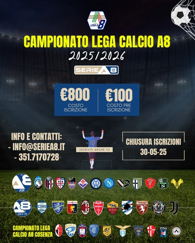 🟢 ULTIMI POSTI DISPONIBILI 🟢  ⛔️ Chiuse le iscrizioni al Serie A8 in A1 e A2.
🟢 Ora avanti con il nuovo girone!  🔜 VI ASPETTIAMO, MA NON PERDETE TEMPO PERCHÉ MANCANO POCHI POSTI 😎  .
.
.
.
#serieA8 #calciotto #calcioa8 #Cosenza #Calabria #Italia #soccer #calcio #sport